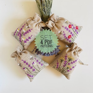 May include: Set of four PDF patterns for embroidery of lavender sachets. Each sachet features a different design with lavender flowers, bees, and other floral elements. The sachets are made of burlap fabric.