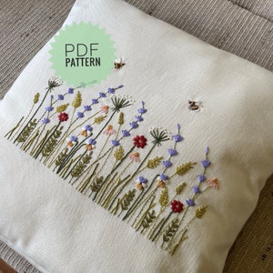 Patrón de bordado floral para fundas de almohada, funda de cojín de lino con diseño botánico, descarga digital, decoración de pared rectangular con marco DIY.