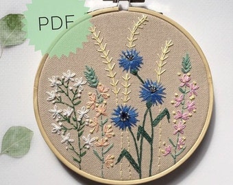 Floral Hoop Art PDF Pattern 5”,  Cornflowers Embroidery Project, Flowers Wall Art Instant Download, DIY Needlepoint Round Botanical Design