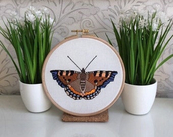 Butterfly lovers embroidered gift, Stitched insects hoop art, Tortoiseshell 6" needle painting home decor