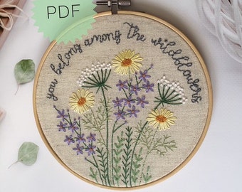 You belong among the wildflowers Pattern 5”, Needlepoint floral wall art PDF, DIY round botanical design