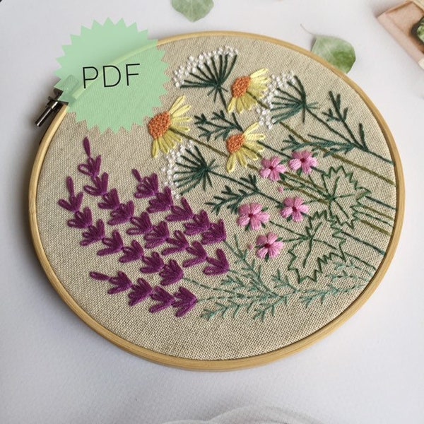DIY Wildflowers Embroidery Pattern 6", PDF Hand Stitched Floral Hoop Art, Modern Botanical Design