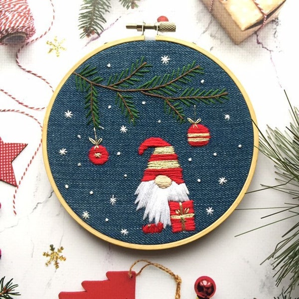 Christmas gnome embroidery pattern, Festive hand embroidery design PDF, DIY winter holidays ornament