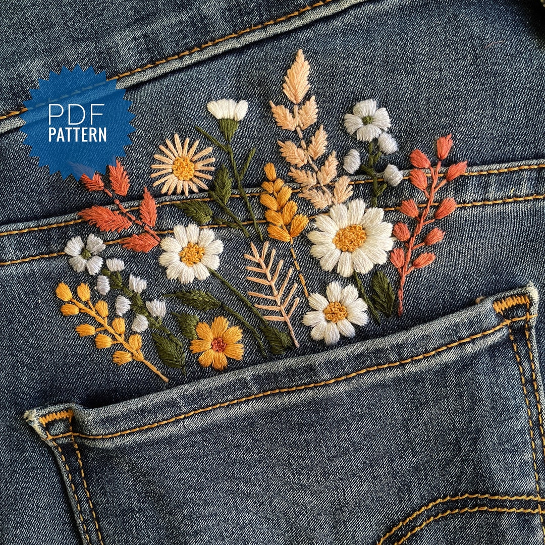Floral Embroidery for Jeans and Shirt Pockets, Hand Embroidered Clothing Design, Digital Pattern