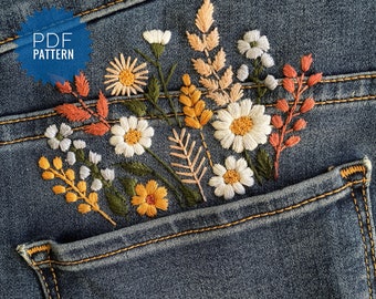 Floral embroidery for jeans and shirt pockets, Hand embroidered clothing design, Digital pattern pocket full of wildflowers