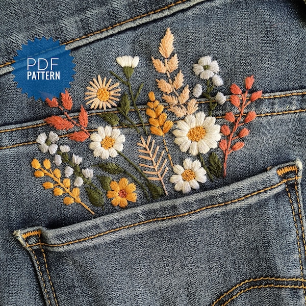 Blumenstickerei für Jeans- und Hemdtaschen, handgesticktes Kleidungsdesign, digitale Mustertasche voller Wildblumen