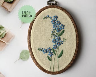 Vergeet me niet borduurpatroon, DIY blauwe wilde bloemen borduurwerk, digitale download vintage bloemen hoepelkunst, ovaal botanisch ontwerp