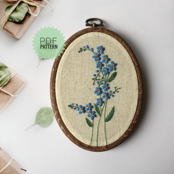 Forget Me Not Embroidery Pattern, Oval Vintage Botanical