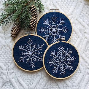 Set of 3 Christmas snowflake patterns, Winter embroidered ornaments DIY gift idea, Xmas hoop art hand embroidery designs PDF