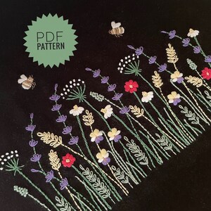 Funda de almohada negra con diseño botánico, patrón de bordado en PDF para funda de cojín floral, descarga instantánea de decoración DIY para exteriores.