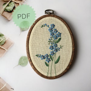 Vergeet me niet borduurpatroon, DIY blauwe wilde bloemen borduurwerk, digitale download vintage bloemen hoepel kunst, ovaal botanisch ontwerp