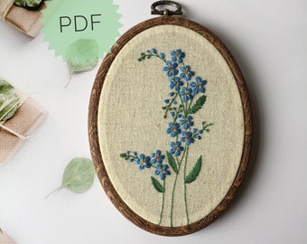 Forget me not embroidery pattern, DIY blue wildflowers embroidery, Digital download vintage floral hoop art, Oval botanical design
