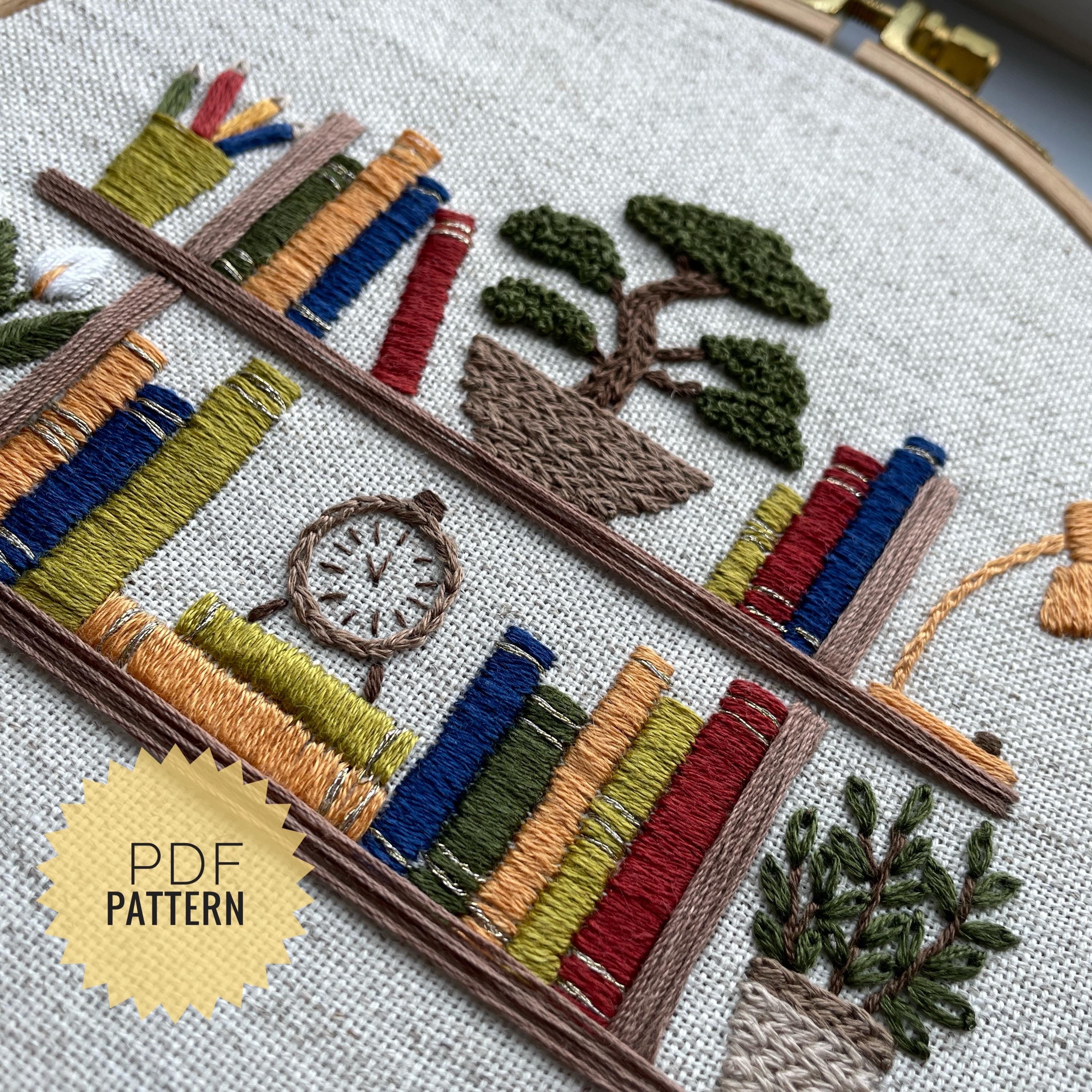 本好きのための刺繍パターン、花柄の本棚デザイン、本好きのための空間