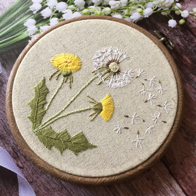 Botanical embroidery dandelion hoop art Wildflowers fiber art Etsy