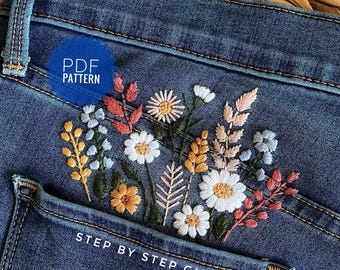 Floral embroidery for jeans and shirt pockets, Hand embroidered clothing design, Digital PDF pattern