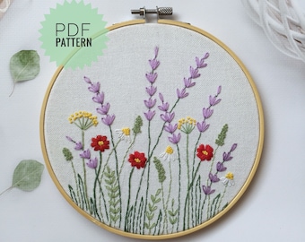 Summer wildflowers meadow embroidery PDF, Floral hand embroidered design, Botanical pattern 6"