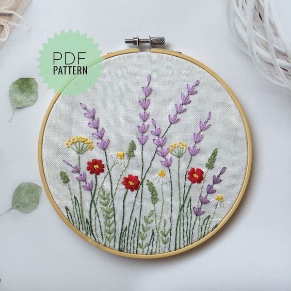 Summer wildflowers meadow embroidery PDF, Floral hand embroidered design, Botanical pattern 6"