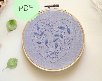 Monochrome heart floral motive PDF design, Hand embroidery PDF pattern, Botanical heart shape DIY project, Mother’s Day Valentine’s Day gift
