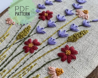 Meadow of wildflowers oval shape design PDF, Hand embroidery digital download pattern, DIY wall art