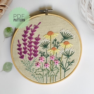 Lavender embroidery botanical pattern 5&quot;, DIY wildflowers hand embroidery, Digital download floral embroidery hoop art