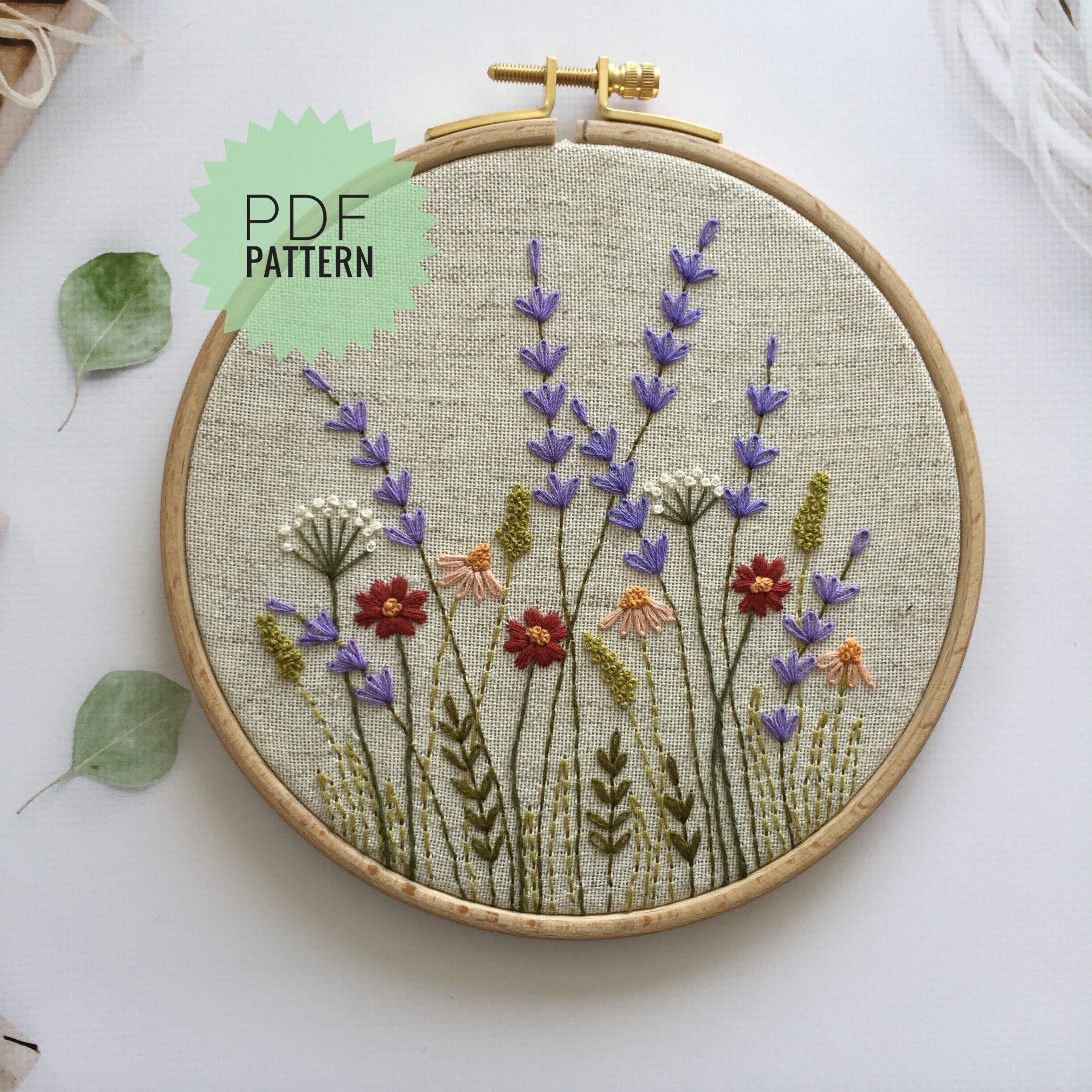 Floral Hand Embroidered Design, Wildflowers and Herbs Meadow Floral Hand Embroidered Design, Wildflowers and Herbs Meadow
