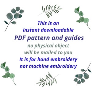 Digital download notice for hand embroidery PDF pattern. Text clearly states that no physical item will be shipped. Features a bright yellow and white background with simple flower graphics.