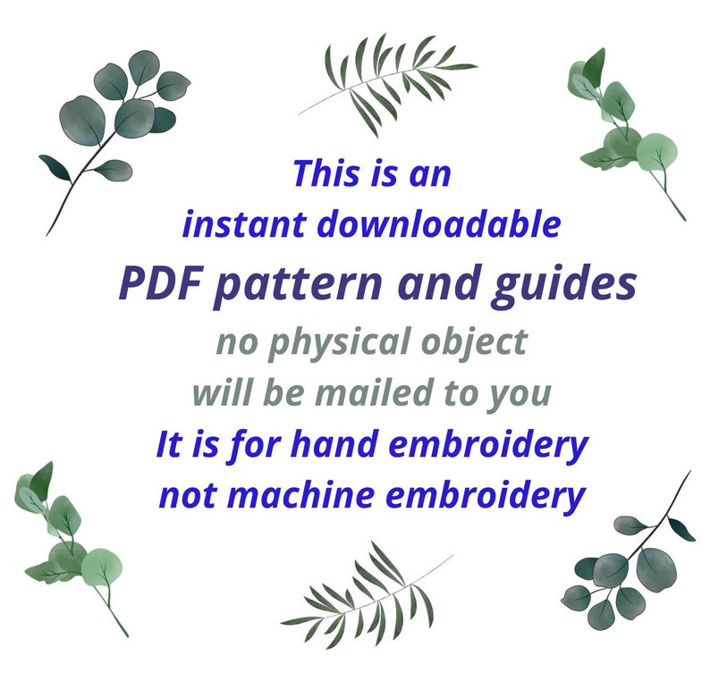 Digital download notice for hand embroidery PDF pattern. Text clearly states that no physical item will be shipped. Features a bright yellow and white background with simple flower graphics.