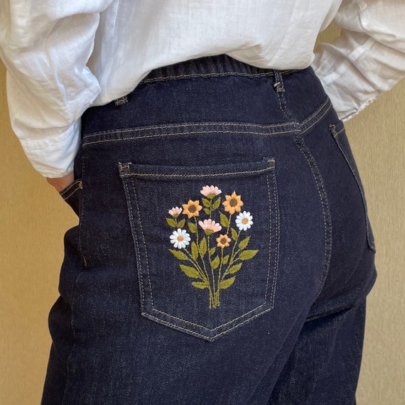 刺繍ジーンズのひまわりのポケット、ヴィンテージパターン、花の