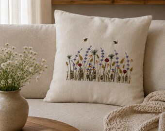 クッションカバーのPDF刺繍パターン、リネン枕カバーの植物柄デザイン