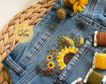 Sunflower embroidery for shorts jeans pocket, Hand embroidered summer clothing design for denim