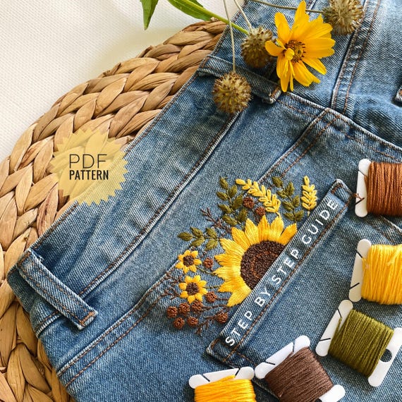 ショートパンツやジーンズのポケットにひまわりの刺繍、デニム用の手