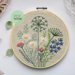 花と葉の花束 PDF 刺繍パターン 6 インチ、モダンな花柄コテージ 花と葉の花束 PDF 刺繍パターン 6 インチ、モダンな花柄コテージ