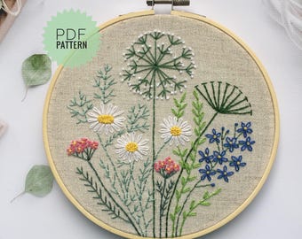 Rond bloemen handborduurpatroon wilde bloemen botanisch kruid weide pdf-download