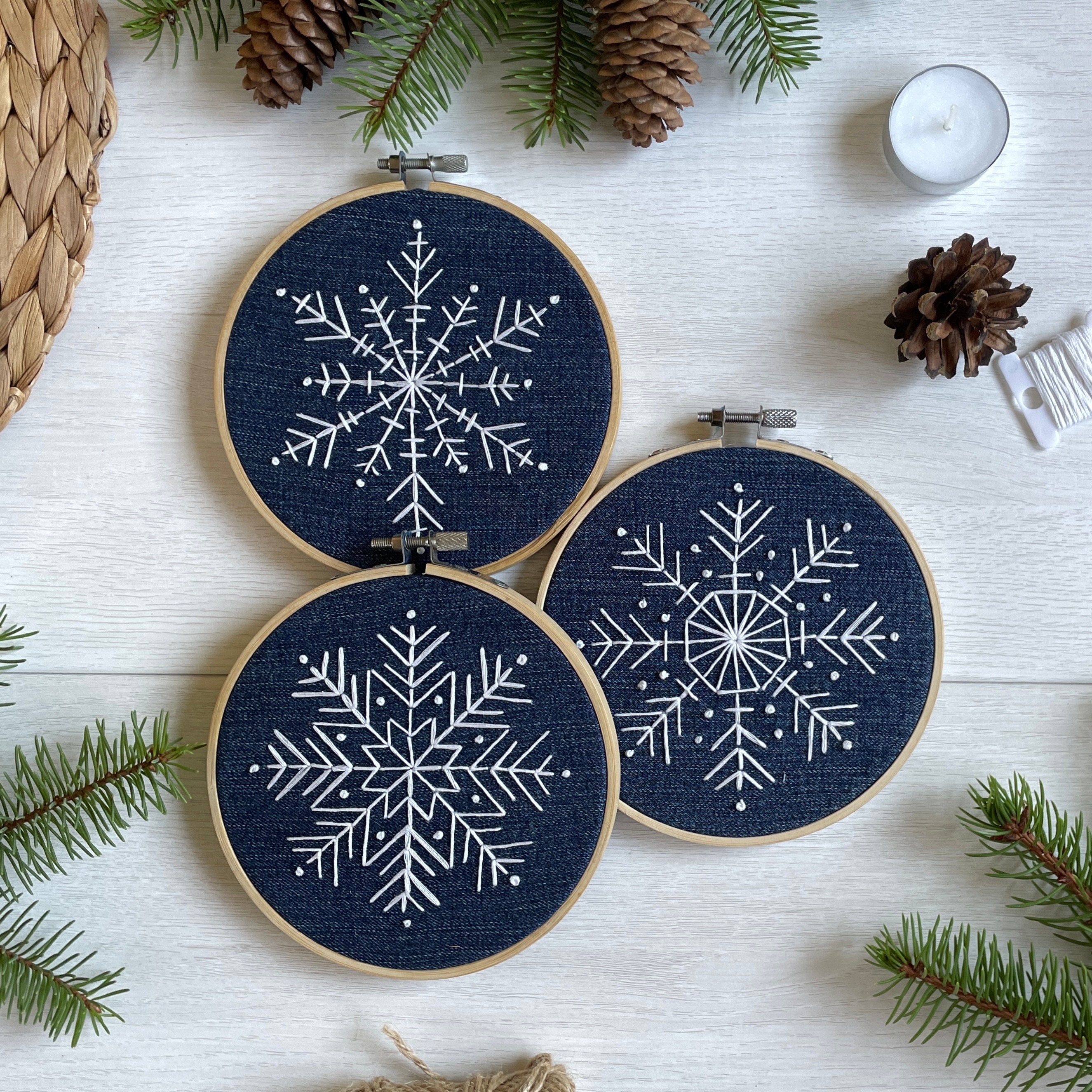 クリスマスの雪の結晶のパターン3点セット、冬の刺繍オーナメントDIY
