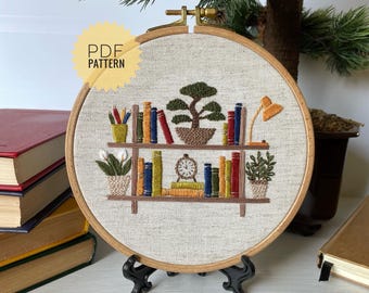 Bookshelf with flowers embroidery pattern, Book lover's embroidery design, Library hoop art decor