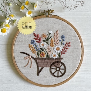 Blumenwagen Stickmuster, Schubkarre mit Blumen PDF Datei, Gartenwagen Sofortdownload