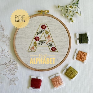 Floral alphabet hand embroidery pattern, Wildflowers monogram embroidery design, DIY craft letters pattern