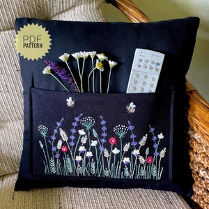 Black pillow case botanical design, Floral cushion cover  PDF hand embroidery pattern, Instant download DIY outdoor decor