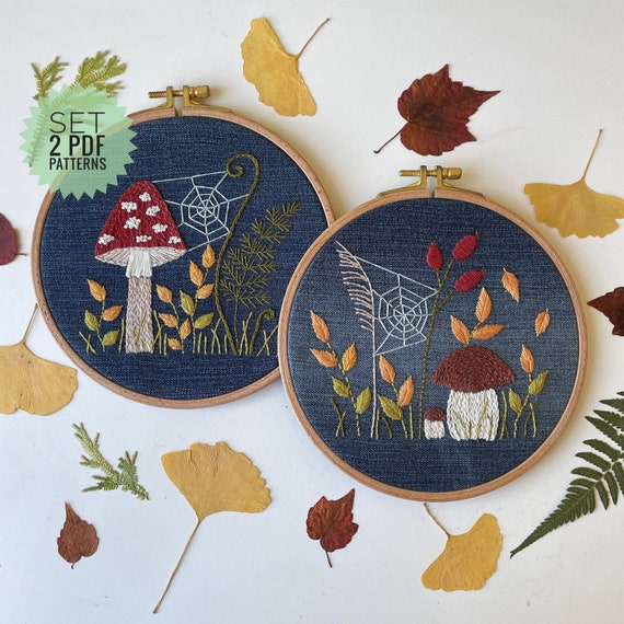 Bundle Mushroom Embroidery PDF Pattern on Denim, Designs Set, Zero