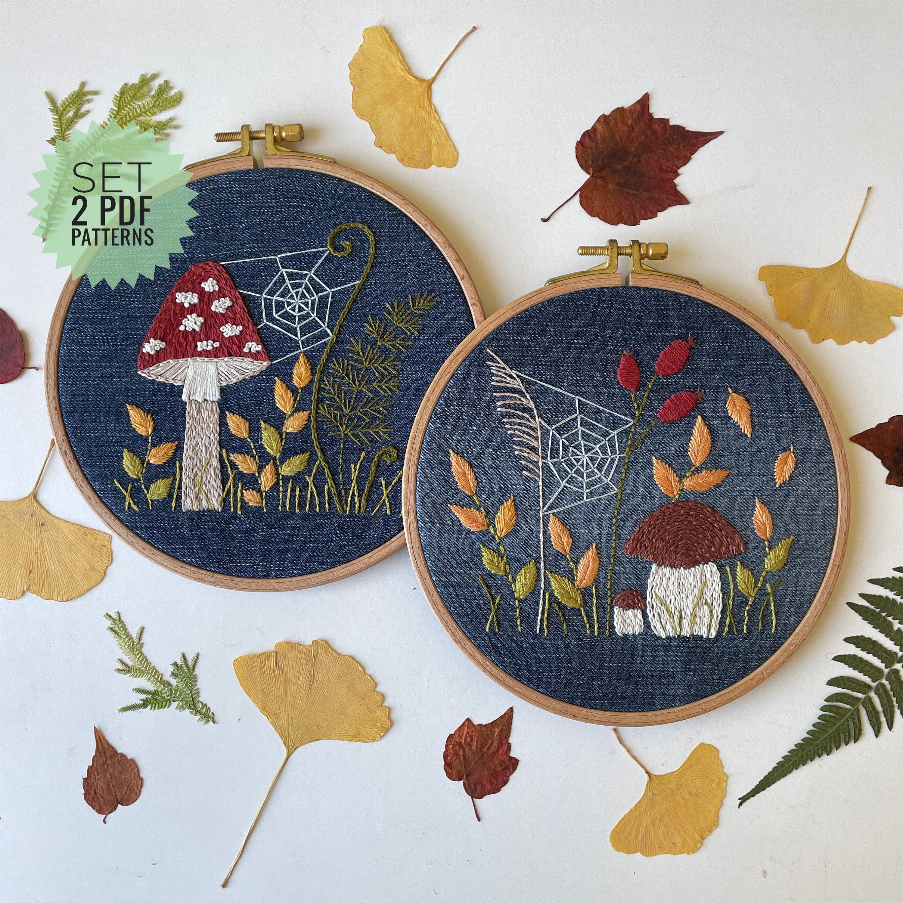 Bundle Mushroom Embroidery PDF Pattern on Denim, Designs Set, Zero