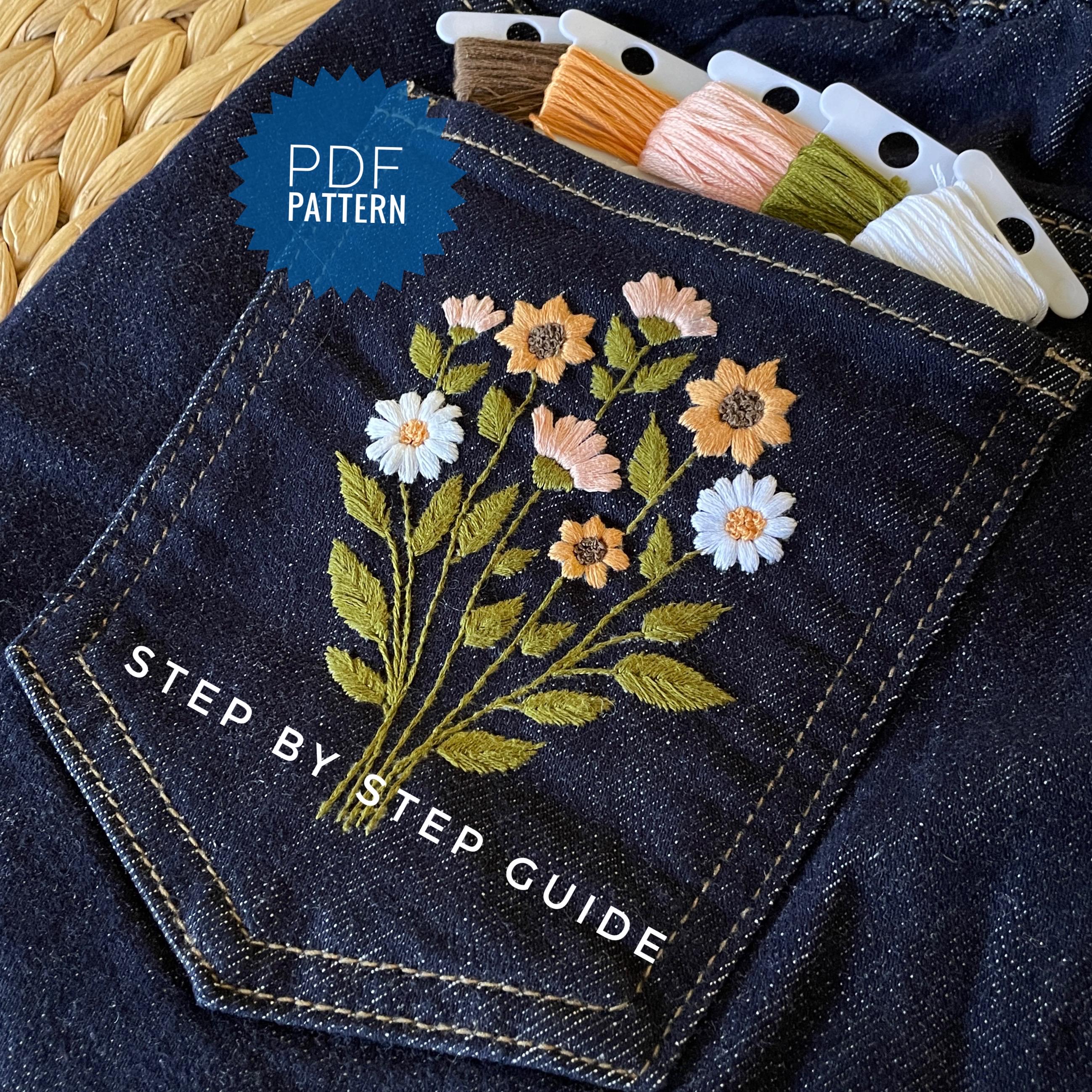 刺繍入りジーンズのひまわりポケット、ヴィンテージ柄、花柄の手刺繍