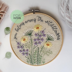 You belong among the wildflowers Pattern 5”, Needlepoint floral wall art PDF, DIY round botanical design