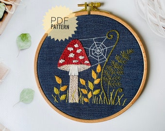 Fly agaric embroidery pattern, Autumn forest design, Red mushroom do-it-yourself craft from upcycled jeans