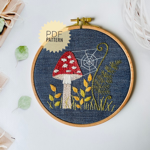 Fly agaric embroidery pattern, Autumn forest design, Red mushroom do-it-yourself craft from upcycled jeans