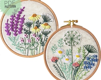 Wildflowers and grasses embroidery patterns set, Modern floral designs set, Needlework do it yourself wall art, Round botanical patterns 5”