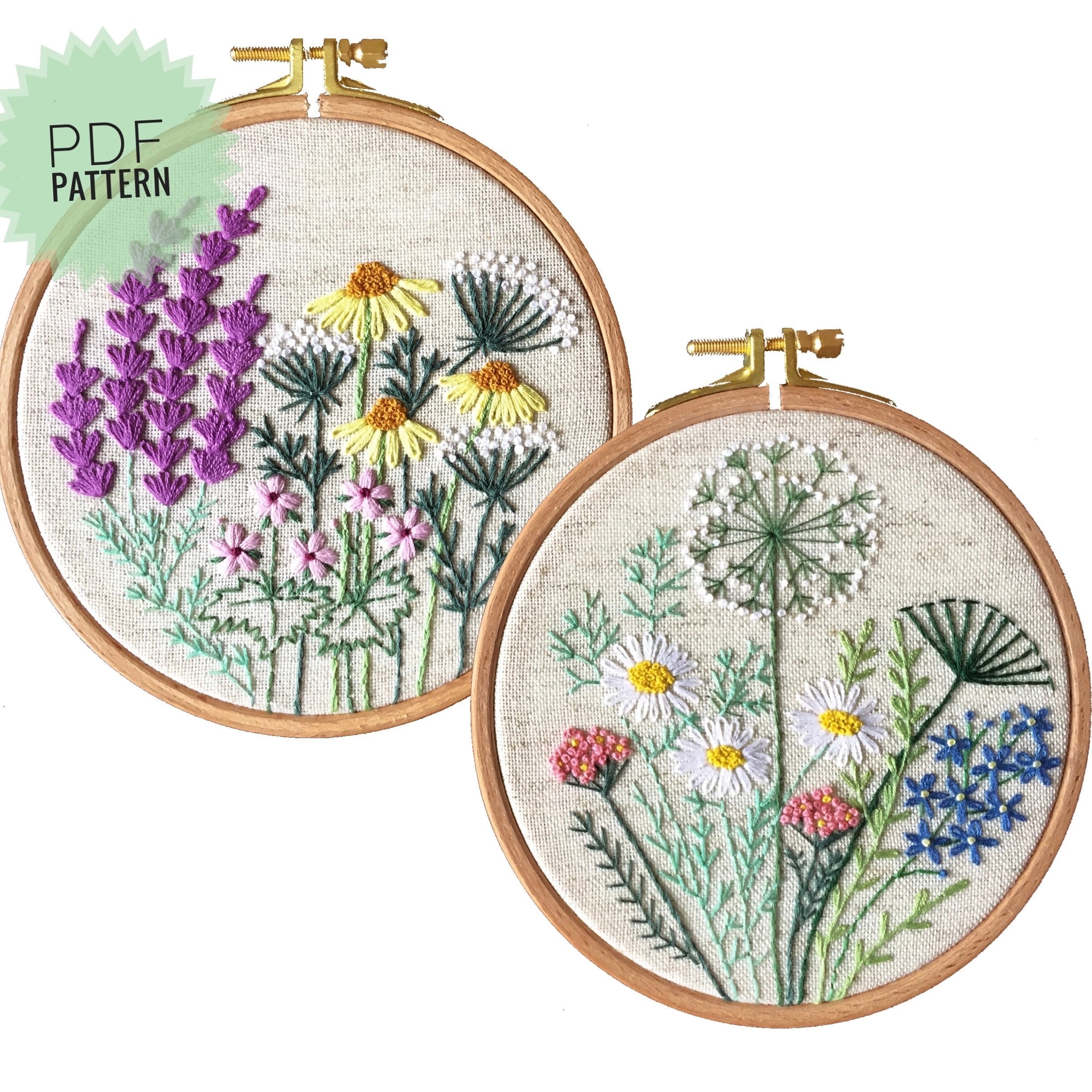 Botanical Hand Embroidery Designs Set, Wildflowers Embroidery Patterns 6  Instant Download, Do It Yourself Craft Projects 