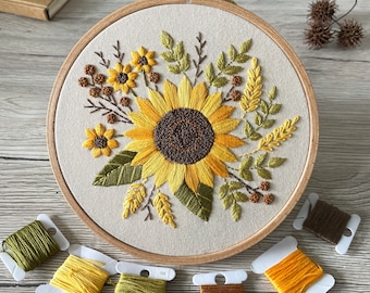 ひまわりの手刺繍パターン、ヴィンテージの花柄デザイン 6インチフープ