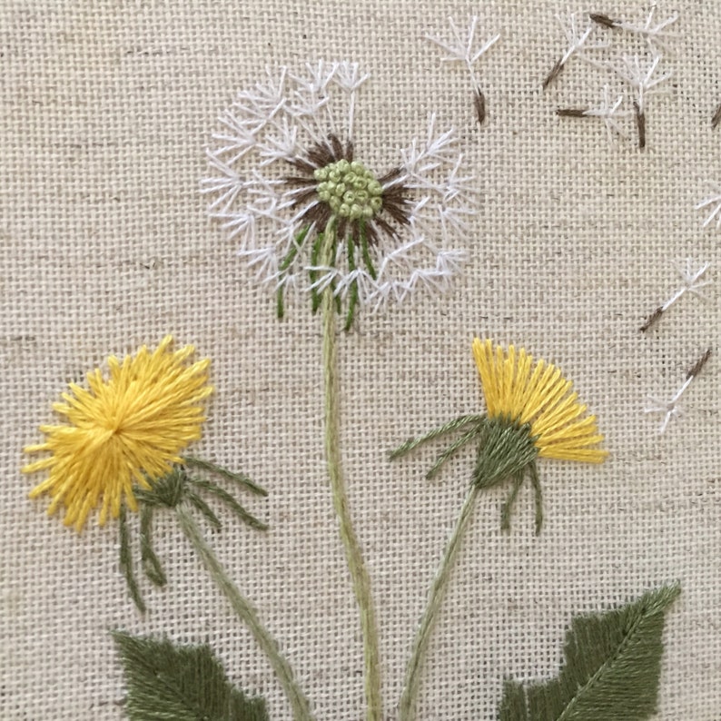 Botanical embroidery dandelion hoop art Wildflowers fiber art image 0