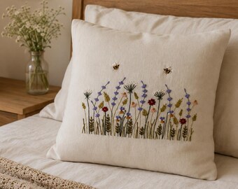 クッションカバーのPDF刺繍パターン、リネン枕カバーの植物柄デザイン