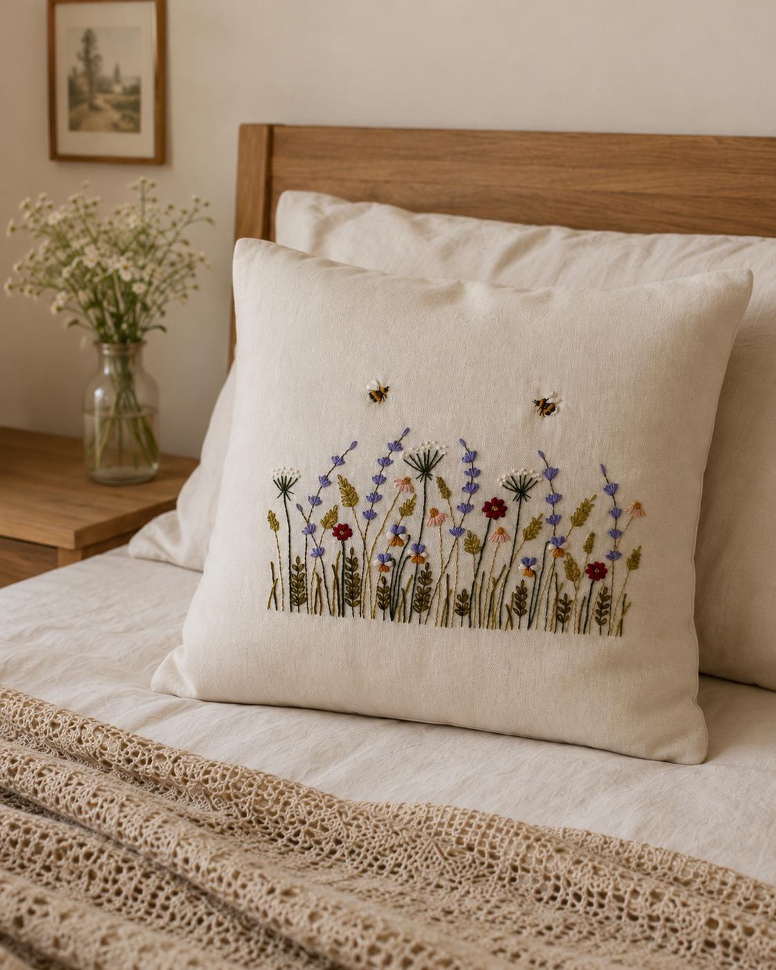 クッションカバーのPDF刺繍パターン、リネン枕カバーの植物柄デザイン